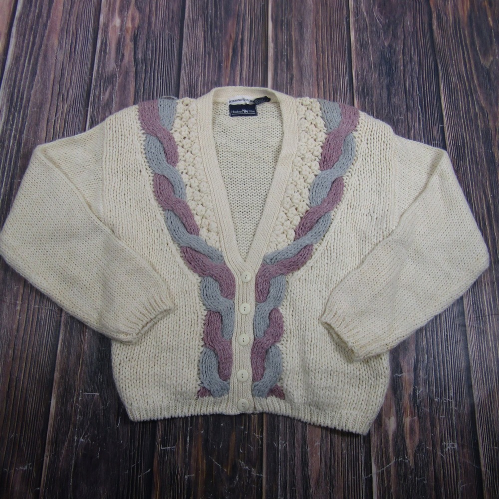 Hunters Run Cardigan Women Medium Cream Vintage Hand Knit Cable Purple Grey